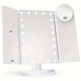 Miroir de courtoisie éclairé à trois volets avec 21 lumières LED, écran tactile et grossissement 3X/2X/1X, deux modes d'alimentation, miroir de maquillage, miroir de voyage