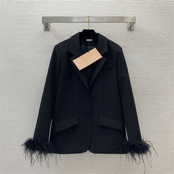 Veste Blazer noire en Patchwork de plumes pour femme, manteau à manches longues, élégant, de luxe, costume formel de styliste