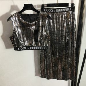 Chaleco de lentejuelas brillantes, camisetas, faldas, conjuntos para mujer, diseñador, correas, vestido de cintura alta, moda Sexy para mujer, tanques, fiesta, club nocturno