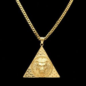 Triangle pyramide égyptien avec des pendentifs de tête de lion titanium acier or couleur bling charme femmes hommes chanceux chain de hip hop244