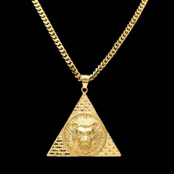 Pirámide egipcia triangular con colgantes de cabeza de león, abalorio ostentoso de acero de titanio y Color dorado, cadena de Hip Hop de la suerte para hombres y mujeres 229F