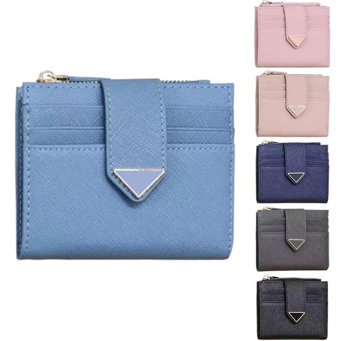 Triangel Fashion Cowhide 7 Färger Designer Affärskort Prad Zipper Purse Womens Key Wallet Coin Purses Passport Keychain Men Clutch Wholesale Cardholder Plånbok