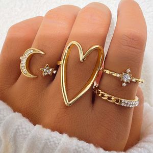 Triangle Heart Hollow Full Diamond Star Moon 5-delige set Joint Combination Ring voor vrouwen