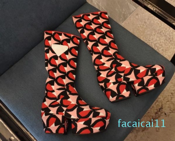 Plate-forme en jacquard floral Bottes hautes en cuir Talons blocs à motifs Bottines chaussettes à bout rond Créateurs de luxe Femmes