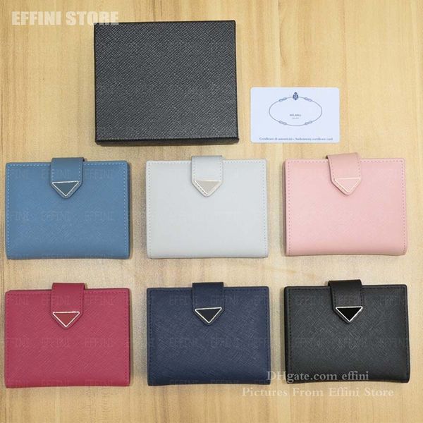 Triángulo Simple Titular de la tarjeta Cartera Diseñador Corto Mujeres Lujo Real Saffiano Carteras de cuero genuino con monedero Clip de dinero Titular de la tarjeta Mini bolsos de embrague EFFINI