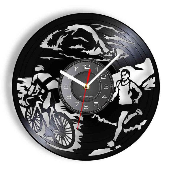 Triatlón Vinilo LP Record Reloj de pared Triatleta Hombre Cueva Decoración Natación Ciclismo Correr Multideporte Carrera Reloj de pared de cuarzo moderno H1230