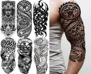 Tribal Maori Tijdelijke Tattoo Mouw Voor Mannen Vrouwen Volwassen Wolf Leeuw Tatoeages Sticker Zwarte Grote Schildpad Tiki Fake Tatoos Supplies3126852125