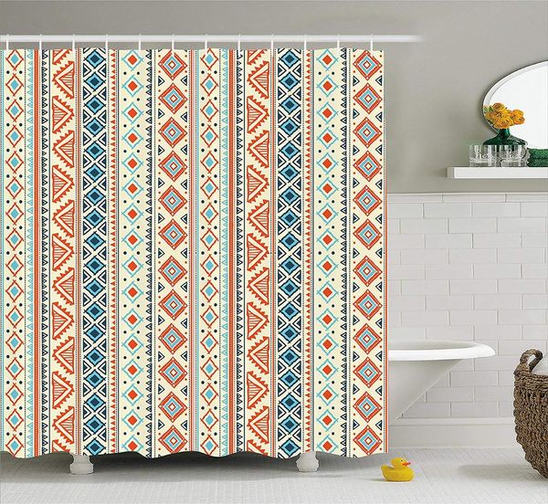 Cortina de ducha tribal estilo mexicano azteca estampado retro dibujado a mano diseño abstracto, conjunto de decoración de baño de tela