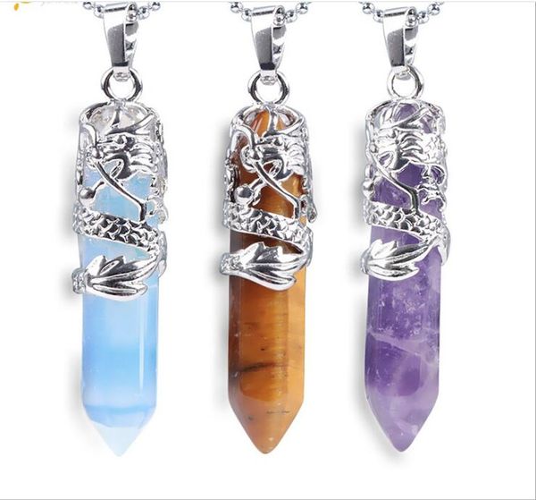 Tribal Totem Dragon en forme de pierre naturelle pendentif collier hexagone Aura balle cristal colonne bijoux Couple collier LY022