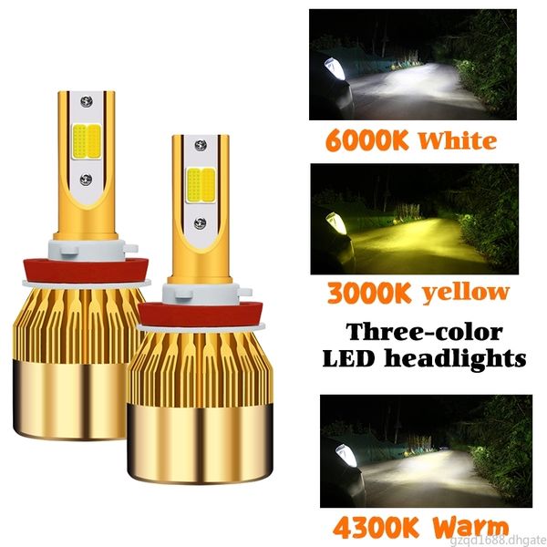 2PICES TRICOLOR C6 LED SHIGHT H4 CAR LED MOTO-CHARGE HORD H11 H8 H3 Bulbe de brouillard 9005 9006 FOG LUMIÈRES BB3 HB4 9012 H1 H7 880 881 H27