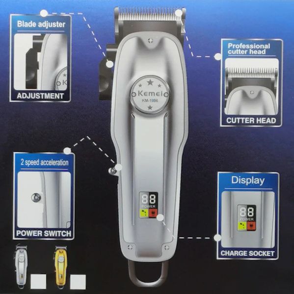 Trimmers Kemei KM1986 + PG Barber Hair Professional Clipper Cutter Electriclesslesless Hair Trimer Coilter Machine Machine