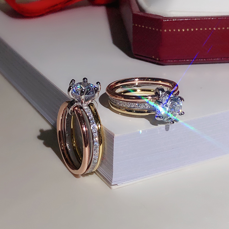 pierścionek trójcy obrączki ślubne dla kobiet projektant rozmiar 678 dla mężczyzny para 925 srebrny diament T0P jakość oficjalne reprodukcje kryształ wykwintny prezent z pudełkiem 011