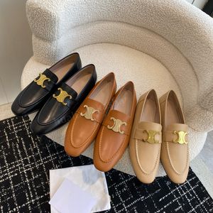 Triomphe Golden Buckle Decoratie Loafers kledingschoenen schort tenen slip-on platte schoenen echte lederen vrouwen luxe dameskantoor lederen schoenen 35-41 met doos