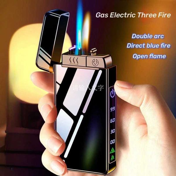 Encendedor de Plasma de pulso eléctrico de Triple llama para hombre, encendedor de doble arco tipo C, de Metal, a prueba de viento, azul y rojo, regalo para hombre