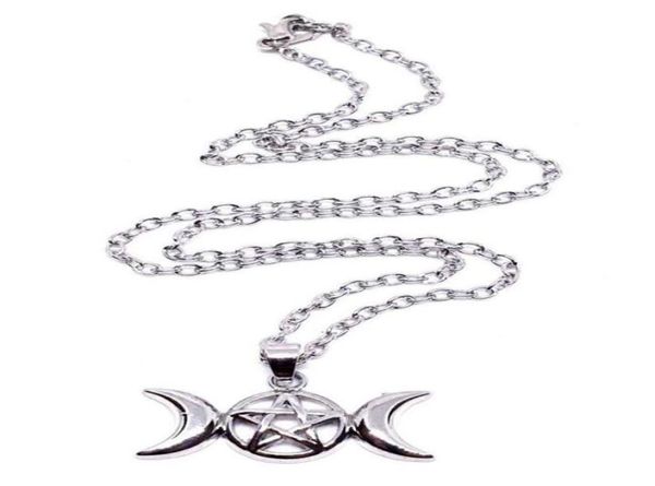 Triple Moon Wiccan Pentacle Collar Colgante Vintage Aleación de plata collares Declaración Collar Mujeres Joyas de moda Goddess1086405