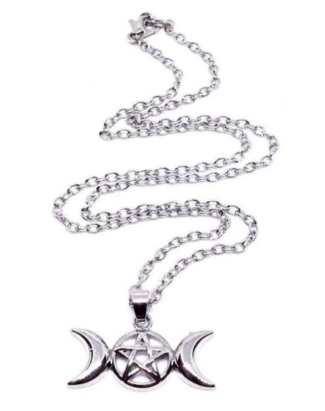 Triple Moon Wiccan Pentacle Collar Colgante Vintage Aleación de plata collares Declaración Collar Mujeres Joyas de moda Goddess1385342