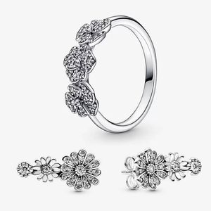 Bague et boucles d'oreilles à tige triple fleur de pensée pour Pandora REAL, ensemble de bijoux de créateur en argent sterling 925 pour femmes, bagues en diamant de luxe, boucle d'oreille avec boîte d'origine