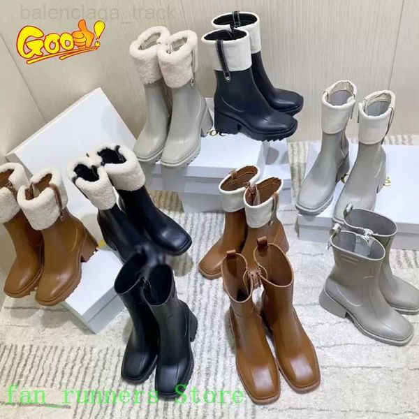 Triple s Botas de lluvia de lona de lana de cordero para mujer Zapatos de lluvia Botines Botines de goma de PVC gris caramelo Botines de agua