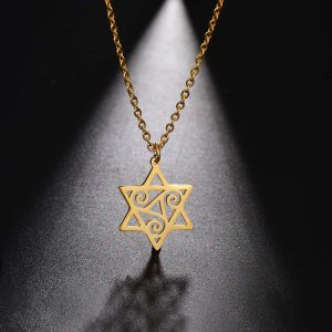 Collier hexagramme Triskelion Triple spirale pour femmes et hommes, pendentif en or jaune 14 carats, étoile de David, bijoux juifs