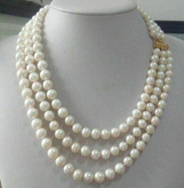 Collier de perles blanches des mers du sud, Triple brins, 8-9mm, 18-20, Hot2487514