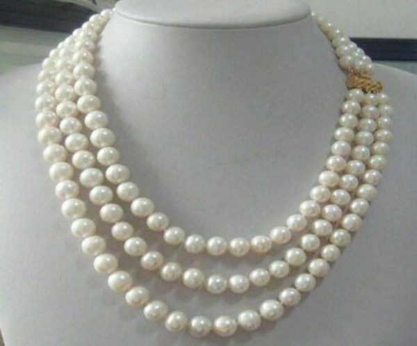 Collar de perlas blancas del Mar del Sur real de 8-9 mm de triple hebra 18-20 Hot8754430