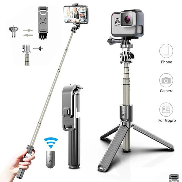 Trípodes 2021 4 en 1 Bluetooth Wireless Selfie Stick Trípode plegable para teléfonos inteligentes y cámaras de acción deportiva Drop Delivery P O Monop Dhguo