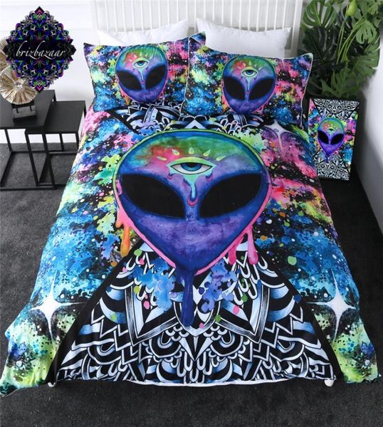 Trippy Alien par Brizbazaar Ensemble de literie Aquarelle Sorcellerie Housse de couette Le Troisième Oeil Ensemble de Lit 3 pièces Mandala Soucoupe Couvre-lits C2611363