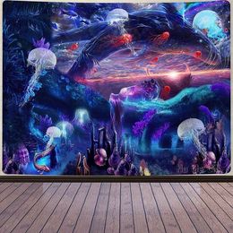 Trippy Sea Tapestry Whale Gelessafish Tapasches Underwater World Mysterious Space Mur suspendu Blue Purple Cosmic Galaxy