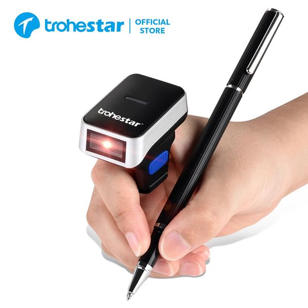 Trohestar Scanner de codes à barres sans fil 1D 2D Portable QR Code PDF Portable doigt Mini lecteur de barre Scanners 240318