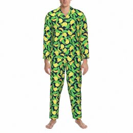 Plátano tropical Pijamas Hombre Fruta Impresión Cálido Ocio Ropa de dormir Otoño 2 piezas Estética Diseño de gran tamaño Traje para el hogar A8fI #