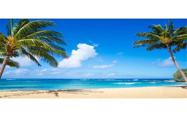 Fondo de pografía con temática de playa tropical, palmeras de vinilo, nubes blancas, cielo azul y mar, boda junto al mar, stand escénico de Po Backg3407570