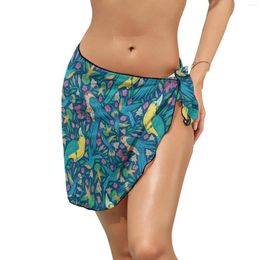 Tropical Birds Flower Chiffon Beach Bikini Cover Up Floral Print Wrap Scarf Swimwear Vacation Sexy Cover-up imprimé