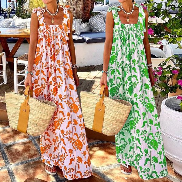 Tropical Delight Vestido largo con pajarita y tirantes anchos estampado naranja y verde para mujer en tejido elástico en cuatro direcciones para un estilo vibrante de verano