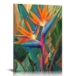 Tropical Flower Canvas Wall Art Bird Of Paradise Pictures Paintes Hawaii Green Palm Palm Leaf Home Decor Framed