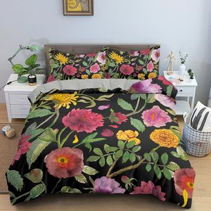 Housse de couette de feuilles de fleurs tropicales King Queen-coloré de litière florale vintage colorée pour les adultes Femmes Boho Polyester Counter