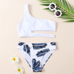 Tropical Leaf Print Girl Swimsuit Kids One Shoulder Bikini Set uitgesneden tweedelig kinder badkleding 7-14 jaar badpak 220426