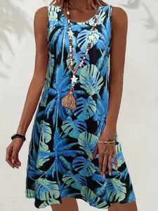 Tropical Leaf Print Tank Robe Fashion sans manches d'été Vacances d'été décontractées Bohemian Dres Vêtements 240418