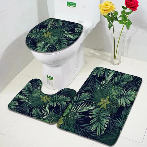 Feuilles tropicales Mat de bain Set Set Green Palm Leaf Monstera Black Carpet Home Bathroom Deccor Tapis non glissade Ushaped Toilet Lid Cover 240508