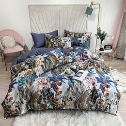 Feuilles tropicales Fleurs Housse de couette Ensemble soyeux doux 100% coton égyptien Ensemble de literie Queen King Drap de lit Housse de couette Taies d'oreiller 201021