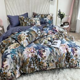 Tropische bladeren Bloemen Dekbedovertrek Silky Zacht 100% Egyptisch katoen Beddengoed Set Queen King Bed Sheet Quilt Cover Pillowcases 201114