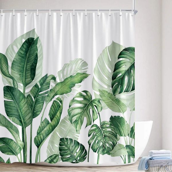 Feuilles tropicales plantes rideau de douche aquarelle de la feuille de palmier vert monstera moderne en tissu moderne rideaux de bain décoration de salle de bain