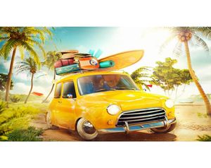 Fondo de playa de palmeras tropicales, maletas de coche amarillas impresas, fondos de estudio de pografía temáticos de viajes de vacaciones de verano 6608973
