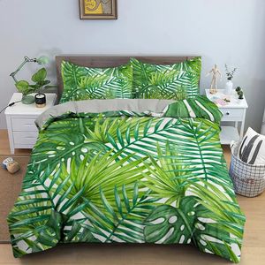 Ensemble de literie avec plantes tropicales, feuilles vertes, housse de couette avec fermeture éclair, couette complète en Polyester, Queen King, 240131