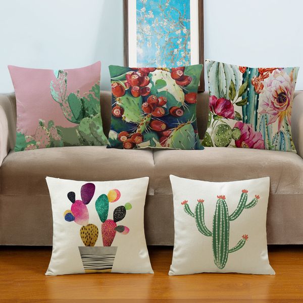 Almohada decorativa de cactus de plantas tropicales, cojín creativo para muebles del hogar con estampado de doble cara, funda de almohada de lino y algodón de 17,7x17,7 pulgadas