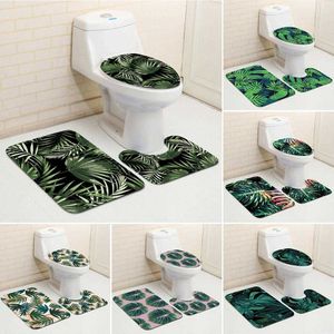 Plante tropicale feuille vert Style salle de bain décoratif 3 pièces ensemble antidérapant tapis siège de toilette couverture élégant élégant accessoires de bain 210622