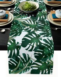 Chemin de Table en lin, plantes tropicales, feuilles de palmier, décorations de fête de mariage, décor de cuisine lavable, 240325