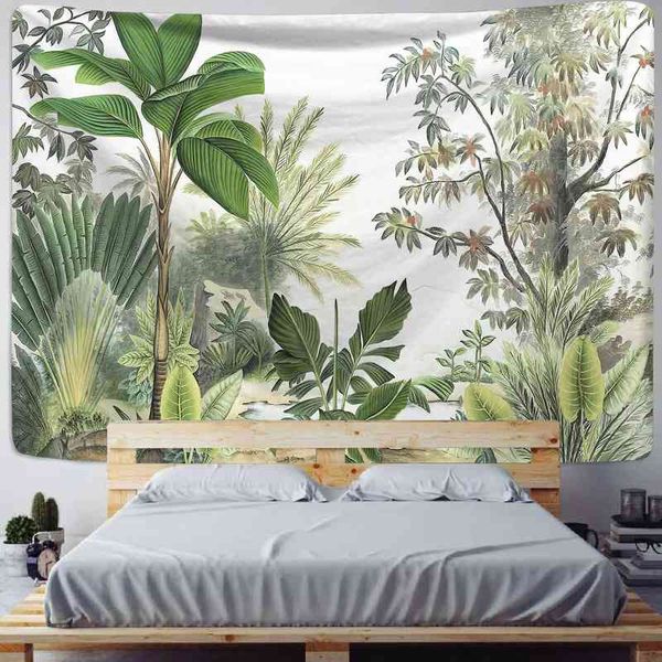 Plante tropicale Imprimer Art Tapisserie Tenture murale Feuilles de palmier Hippie Flamingo Cactus Peinture Boho Polyester Tapis Décoration murale J220804