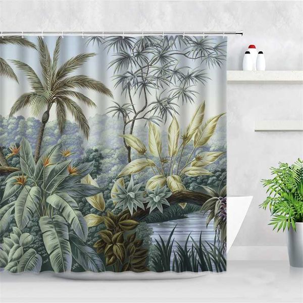 Planta tropical paisaje cortina de ducha conjunto selva cascada hoja de palma árbol de coco impresión tela impermeable baño decoración cortinas 211116
