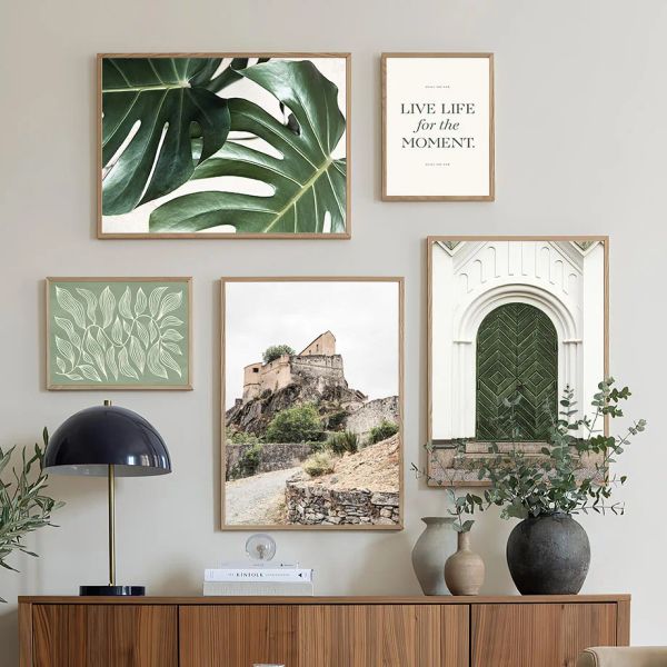 Plantes tropicales Château de porte marocaine Mur Olive Toile Peinture Nordic Affiches Imprimés Paysage Mur Pictures de chambre Décor de chambre à coucher