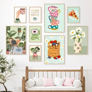 Tropische planten Daisy Vaas Pizza koffiekope Voedsel Samenvatting Posters Afdrukken Wantwandcanvas foto's boho keuken woonkamer decor